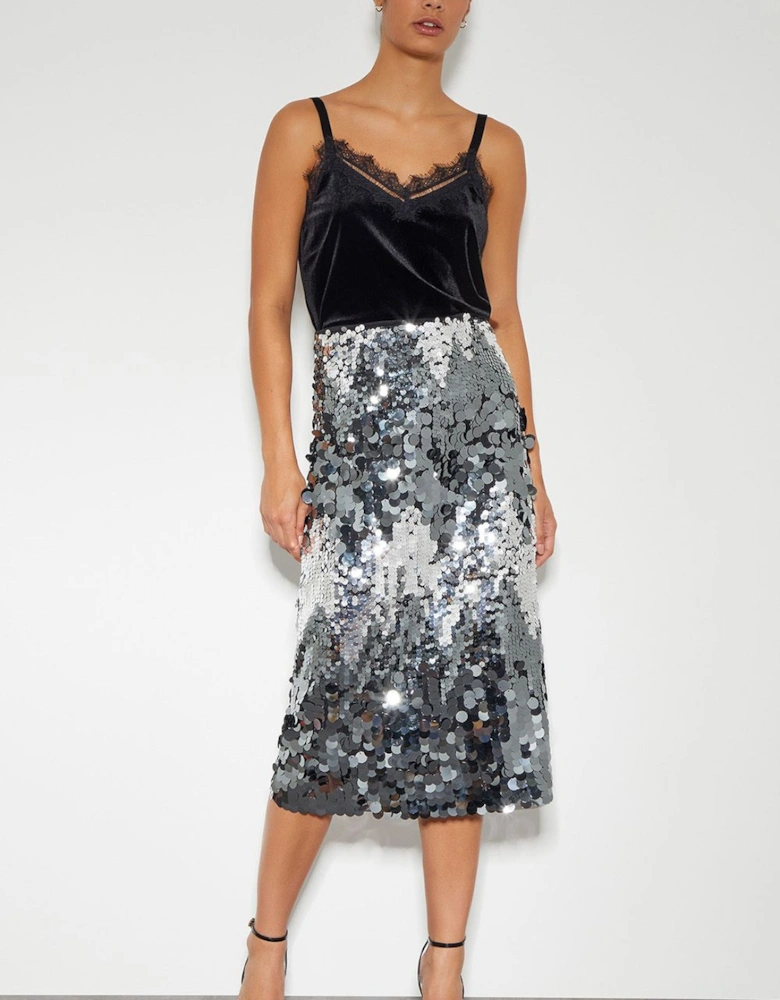 Sia Sequin Midi Skirt Silver