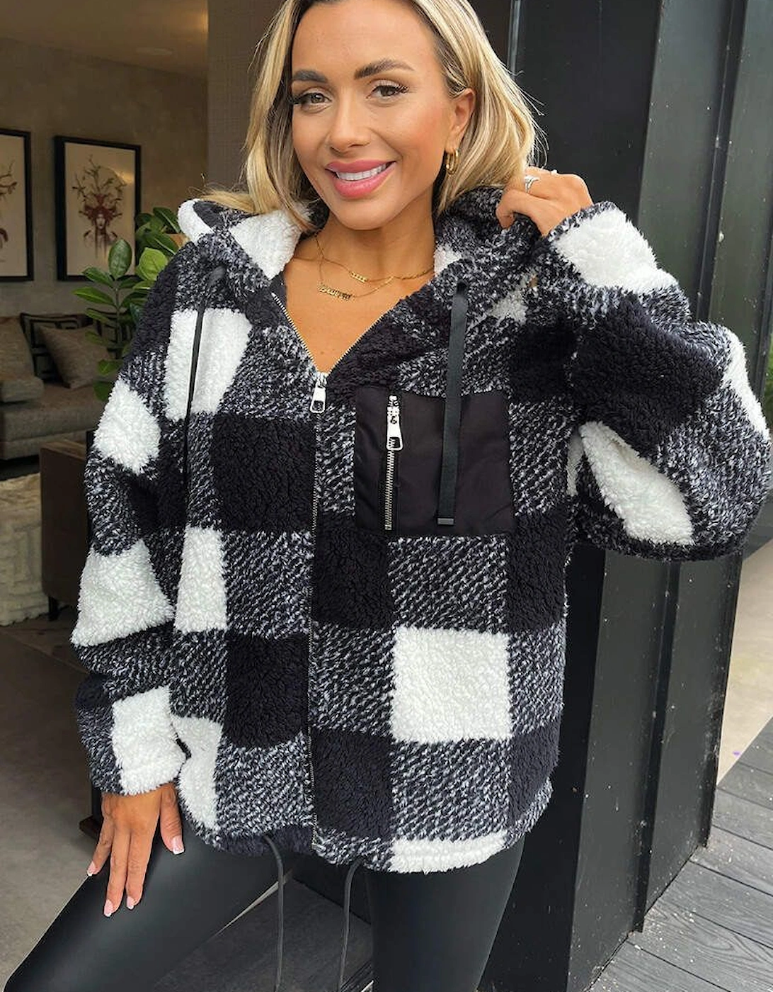 Black Check Pocket Detail Hooded Teddy Jacket, 2 of 1