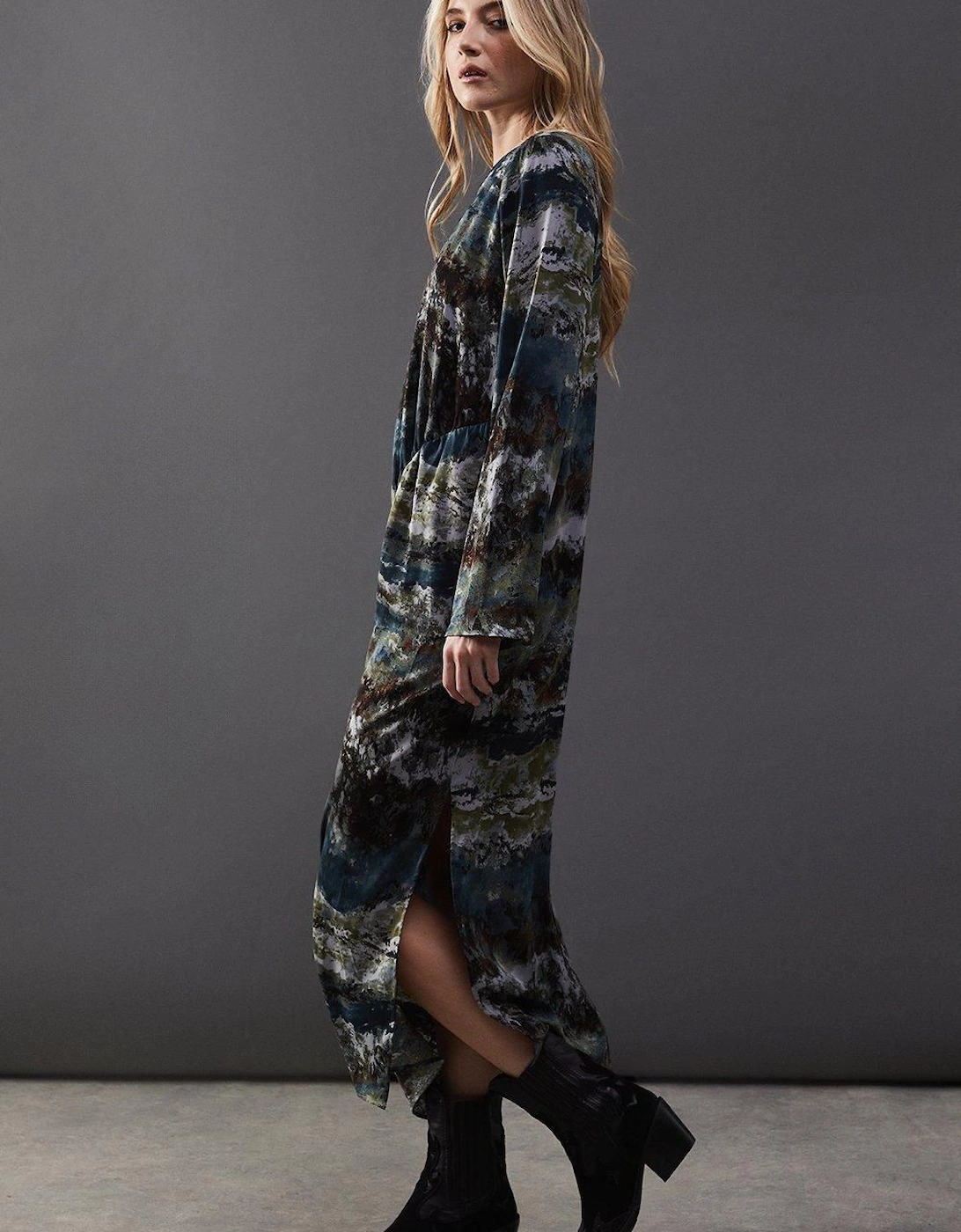 Print Satin Gathered Side Column Midi Dress, 2 of 1