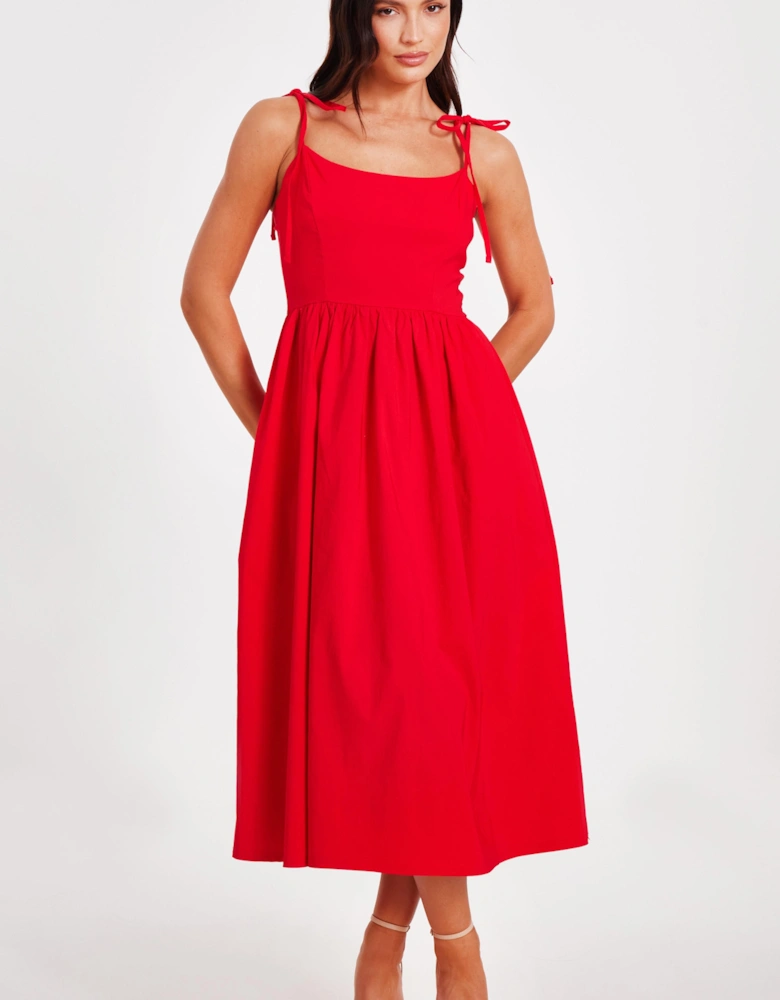 Red Tie Shoulder Midi Dress