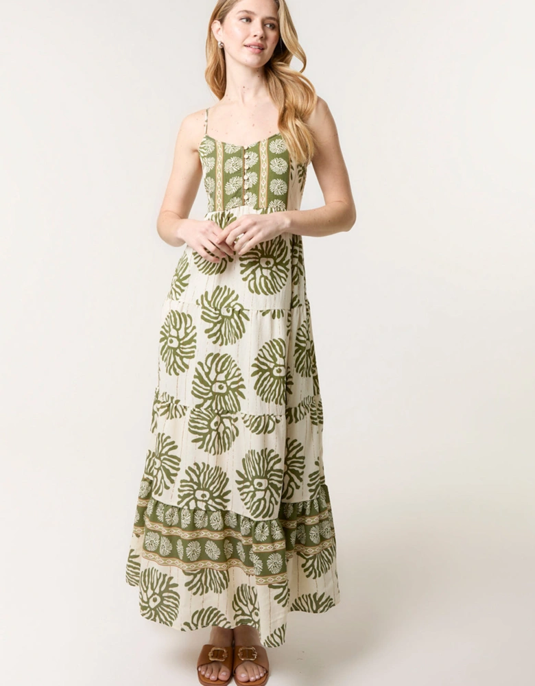 Khaki Abstract Strappy Button Front Maxi Dress