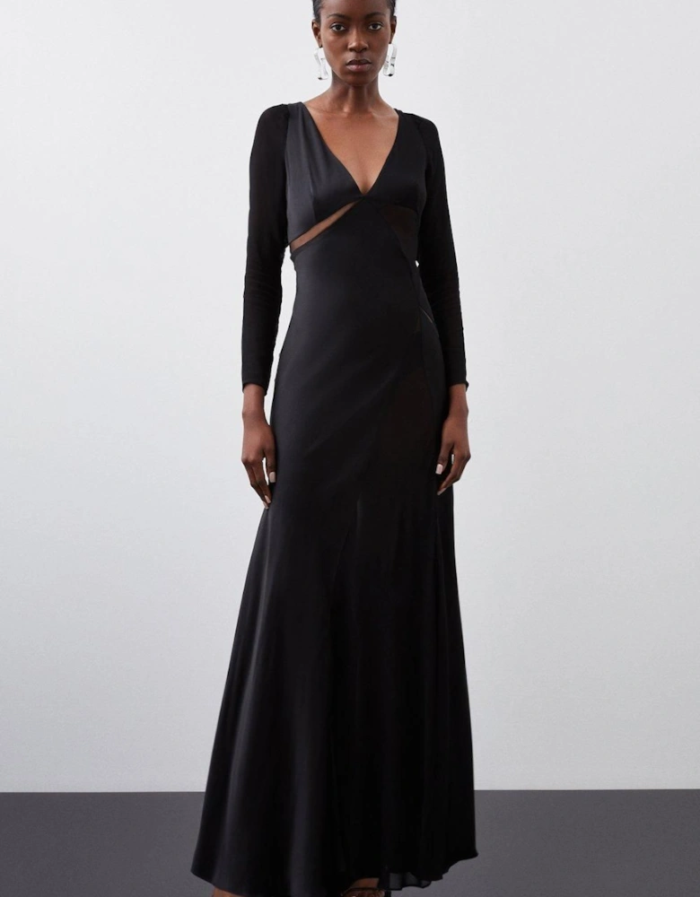 Ooto Sheer Panelled Long Sleeve Woven Maxi Dress
