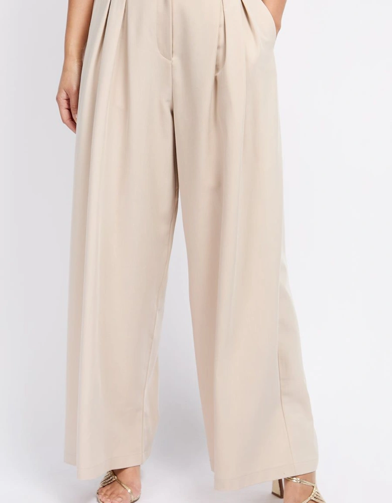 Beige Pleat Wide Leg Trousers