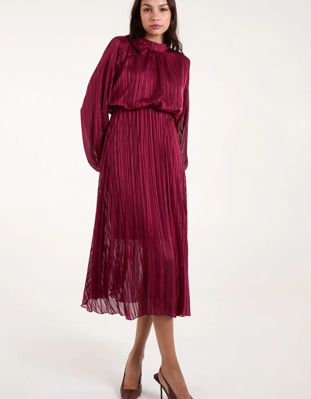 Metallic High Neck Plisse Midi Dress, 2 of 1
