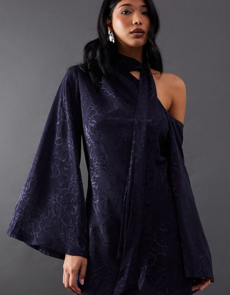 Petite Satin Jacquard Tie Neck Asymmetric Shoulder Mini Dress