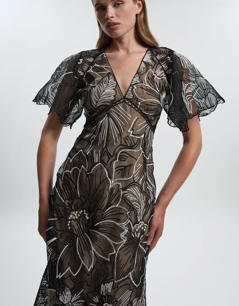 Hand Embroidered And Sequin Organdie Deep V Woven Maxi Dress