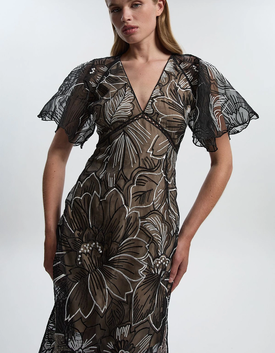 Hand Embroidered And Sequin Organdie Deep V Woven Maxi Dress, 2 of 1