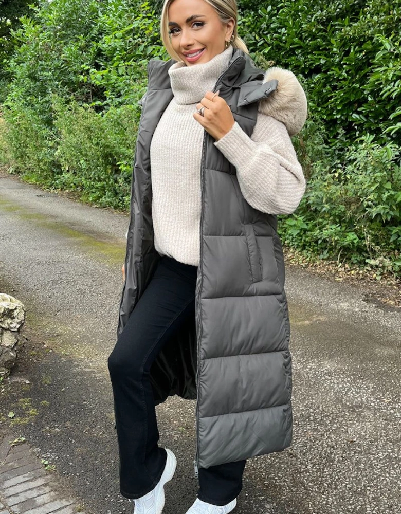 Khaki Faux Fur Hooded Longline Padded Gilet