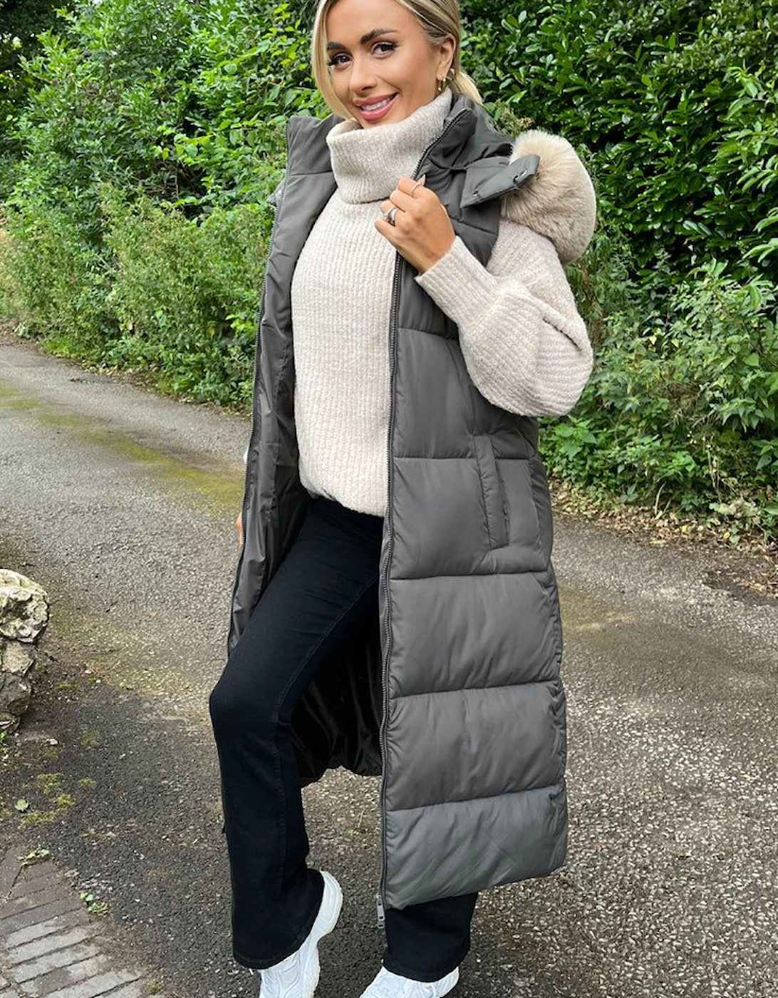 Khaki Faux Fur Hooded Longline Padded Gilet, 2 of 1