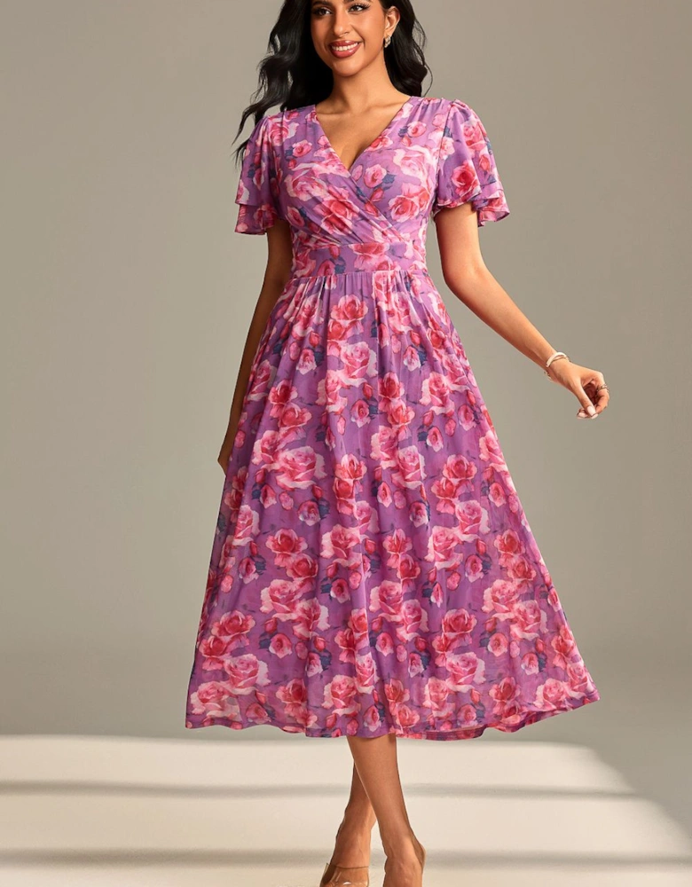 Flutter Sleeve Mesh Maxi Dress