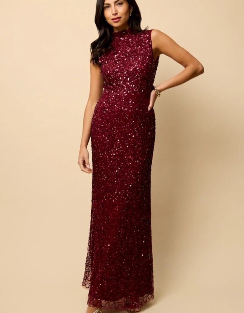 Red High Neck Open Back Embellished Maxi Dress