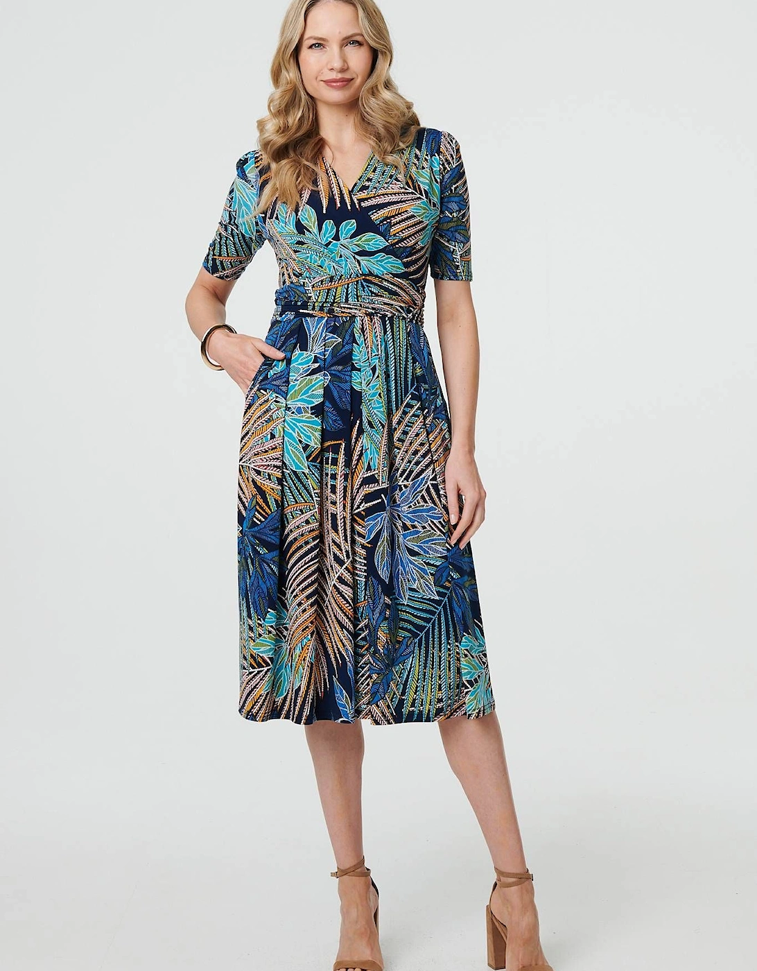Leaf Print Wrap Front Pleat Midi Dress, 2 of 1