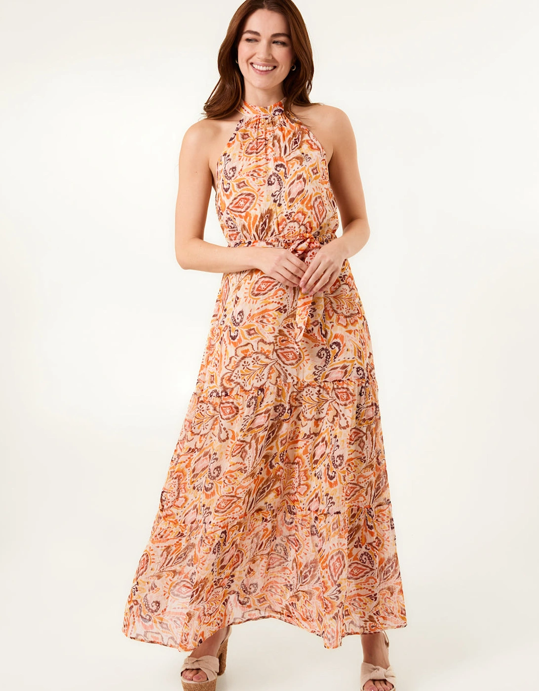 Orange Halter Neck Belted Waist Maxi Dress, 2 of 1