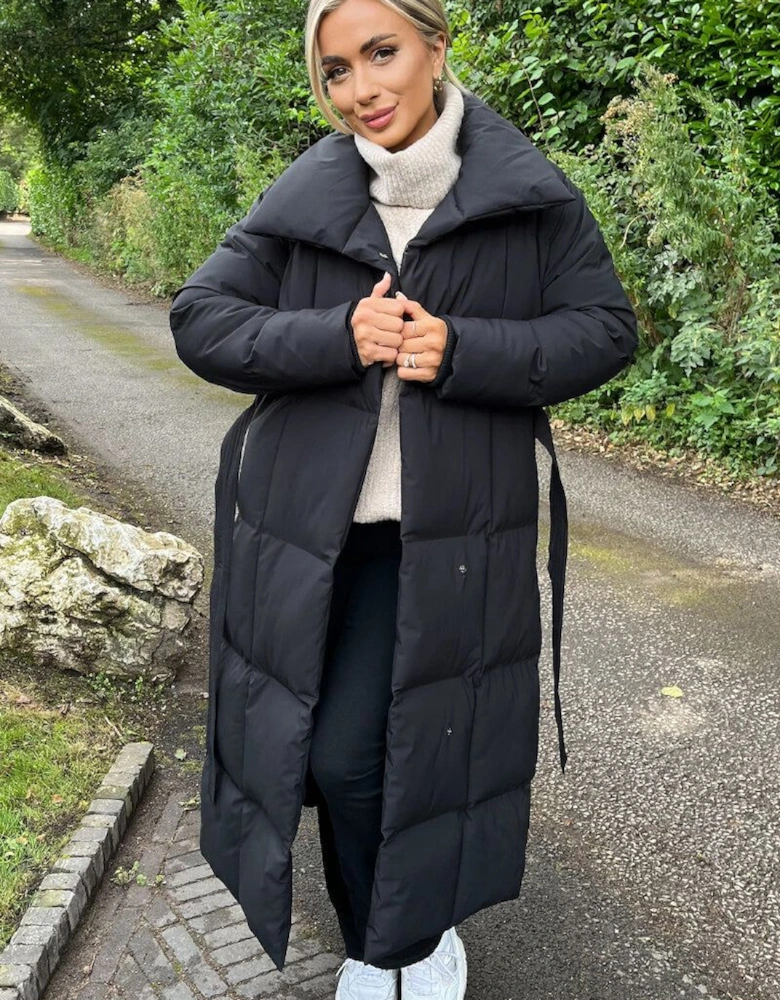Black Tie Waist Quilted Longline Puffer Coat