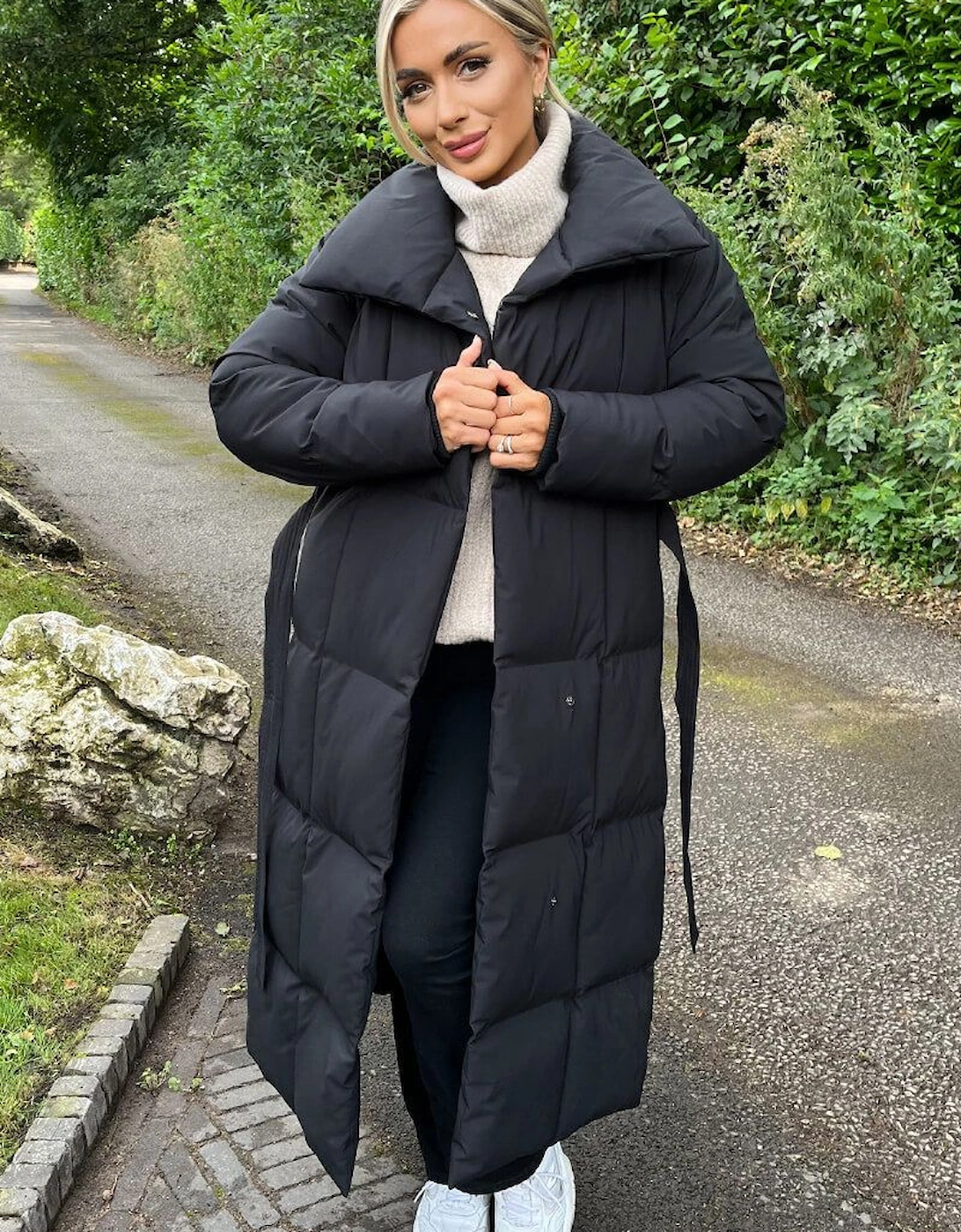 Black Tie Waist Quilted Longline Puffer Coat, 2 of 1
