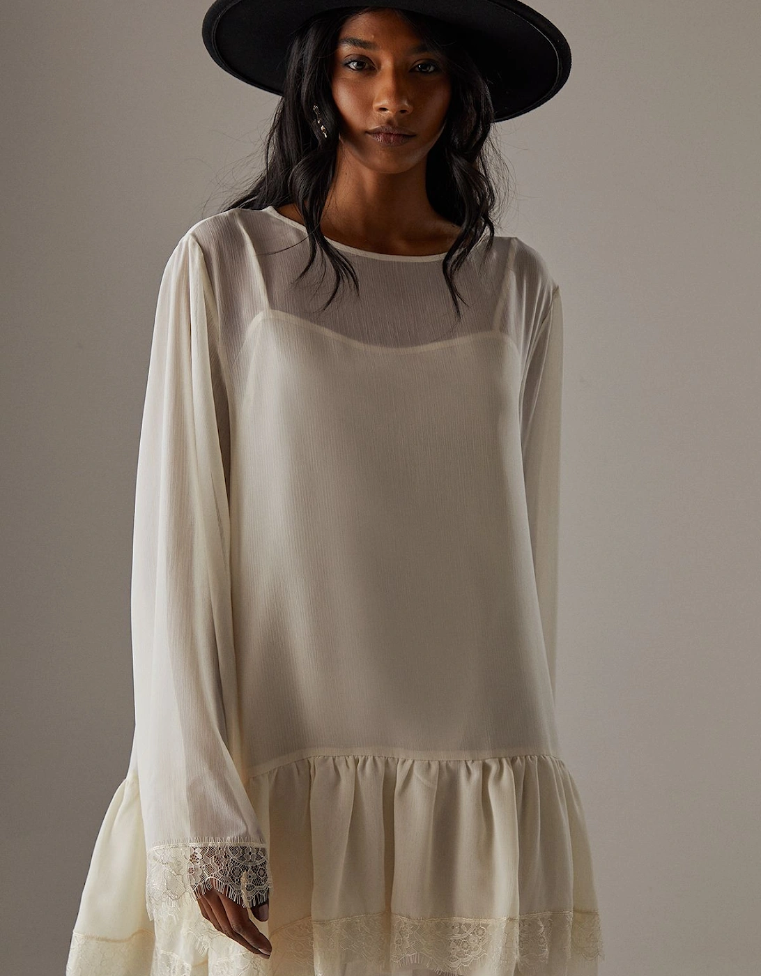 Chiffon Lace Flared Sleeve Drop Hem Mini Dress, 2 of 1