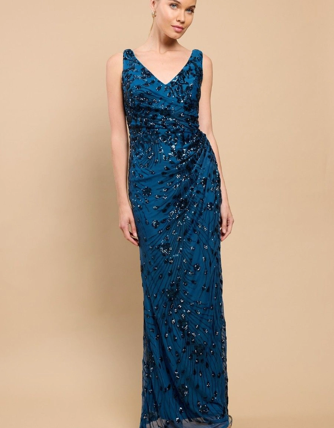 Navy Sequin Embelished Side Gather Maxi Dress, 2 of 1