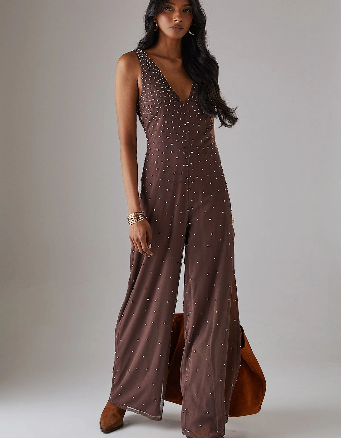 Premium Hand Embellished Diamante Sequin Plunge Neck Jumpsuit, 2 of 1