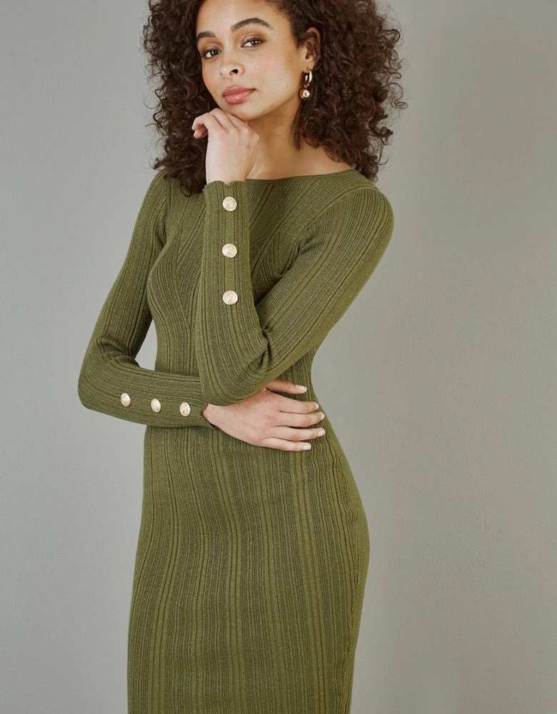 Green Shimmer Fitted Midi Dress With Button