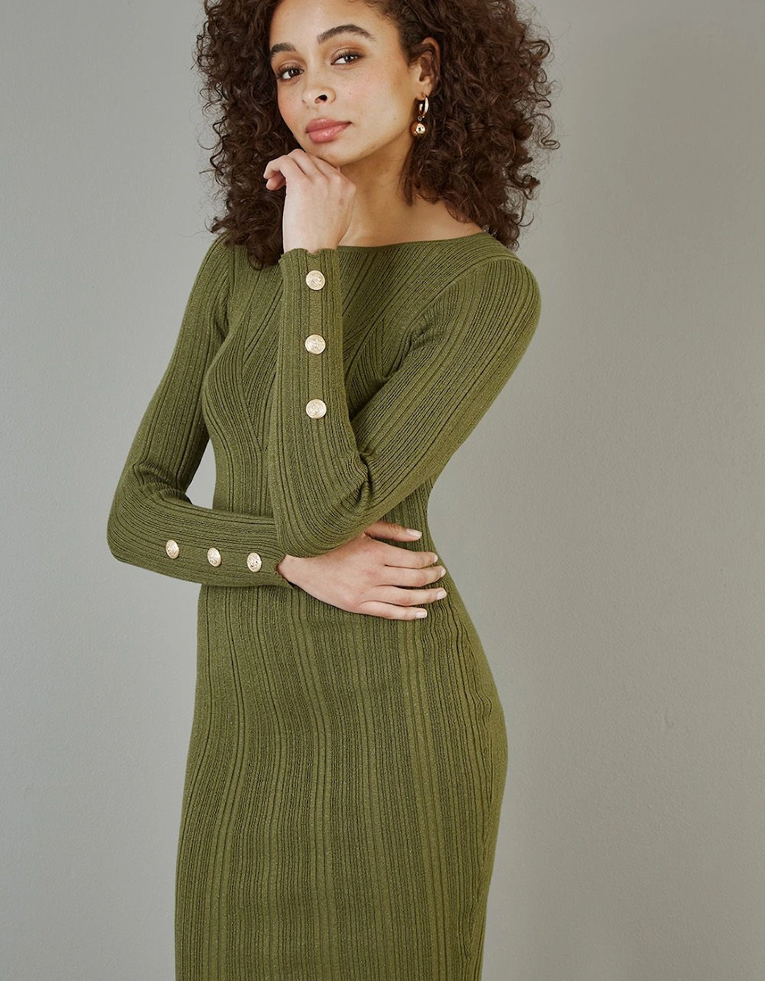 Green Shimmer Fitted Midi Dress With Button, 2 of 1