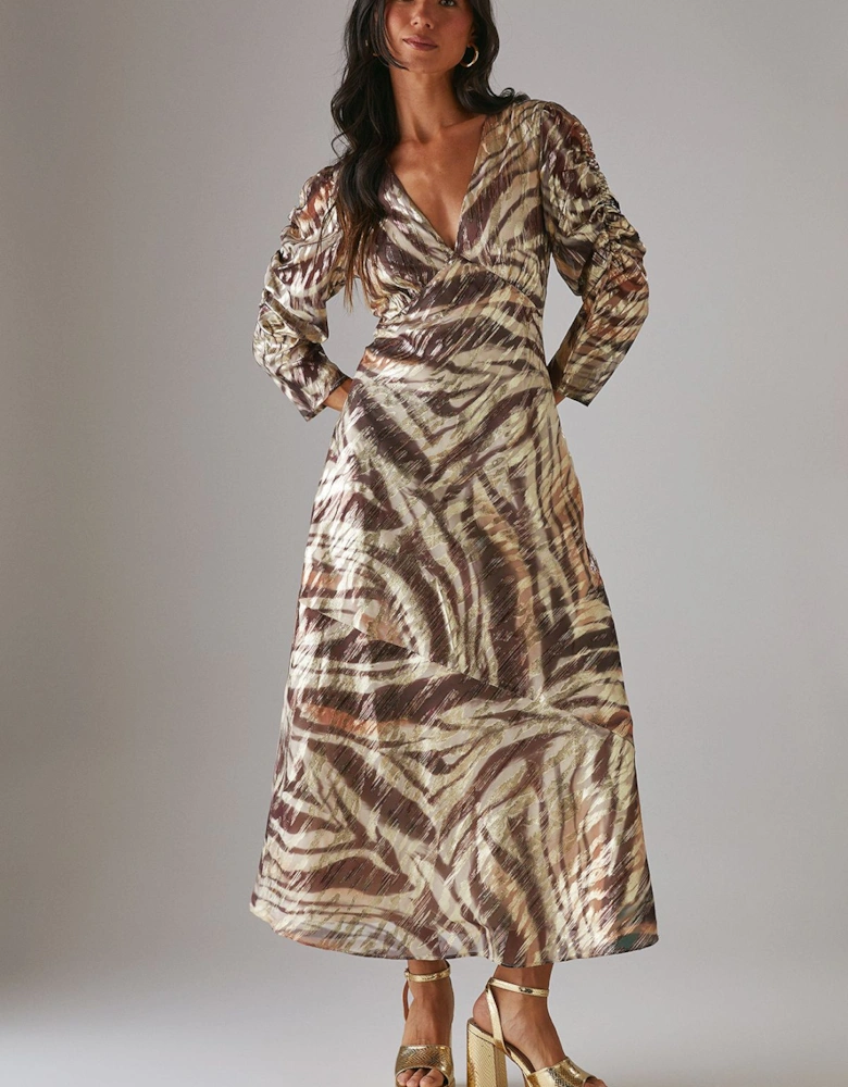 Metallic Jacquard Ruched Sleeve Plunge Neck Bias Midi Dress
