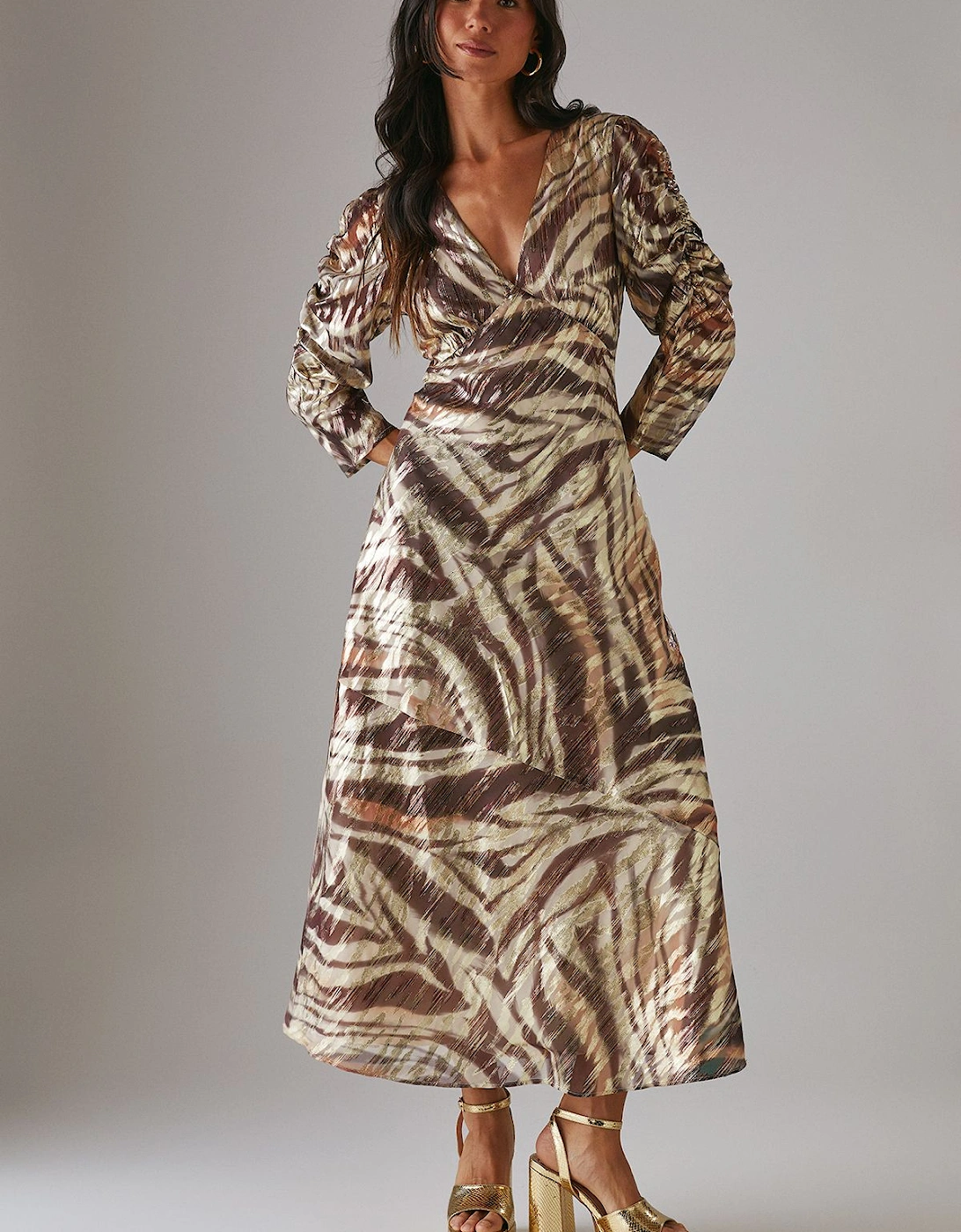 Metallic Jacquard Ruched Sleeve Plunge Neck Bias Midi Dress, 2 of 1