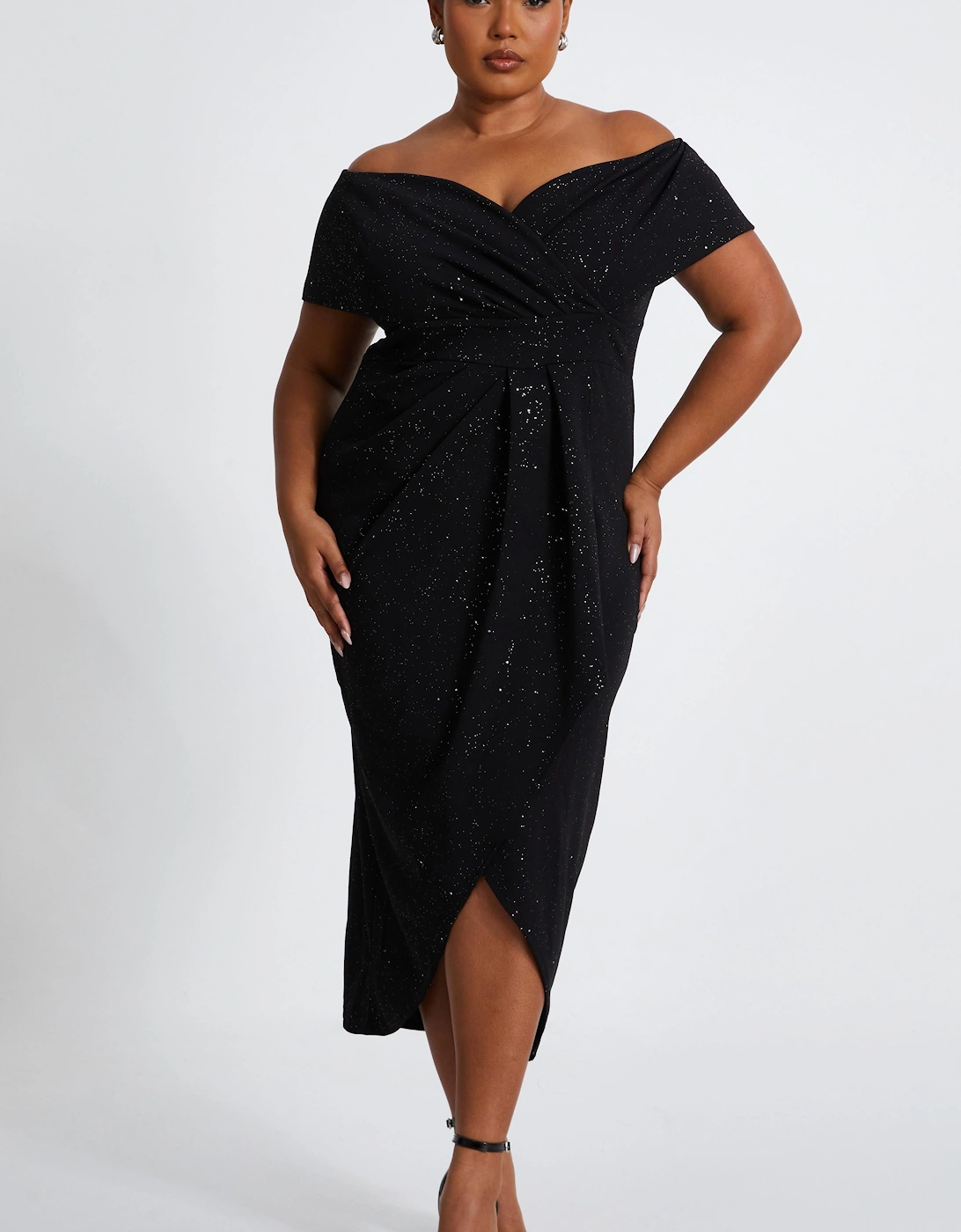 Black Curve Glitter Bardot Midi Dress, 2 of 1