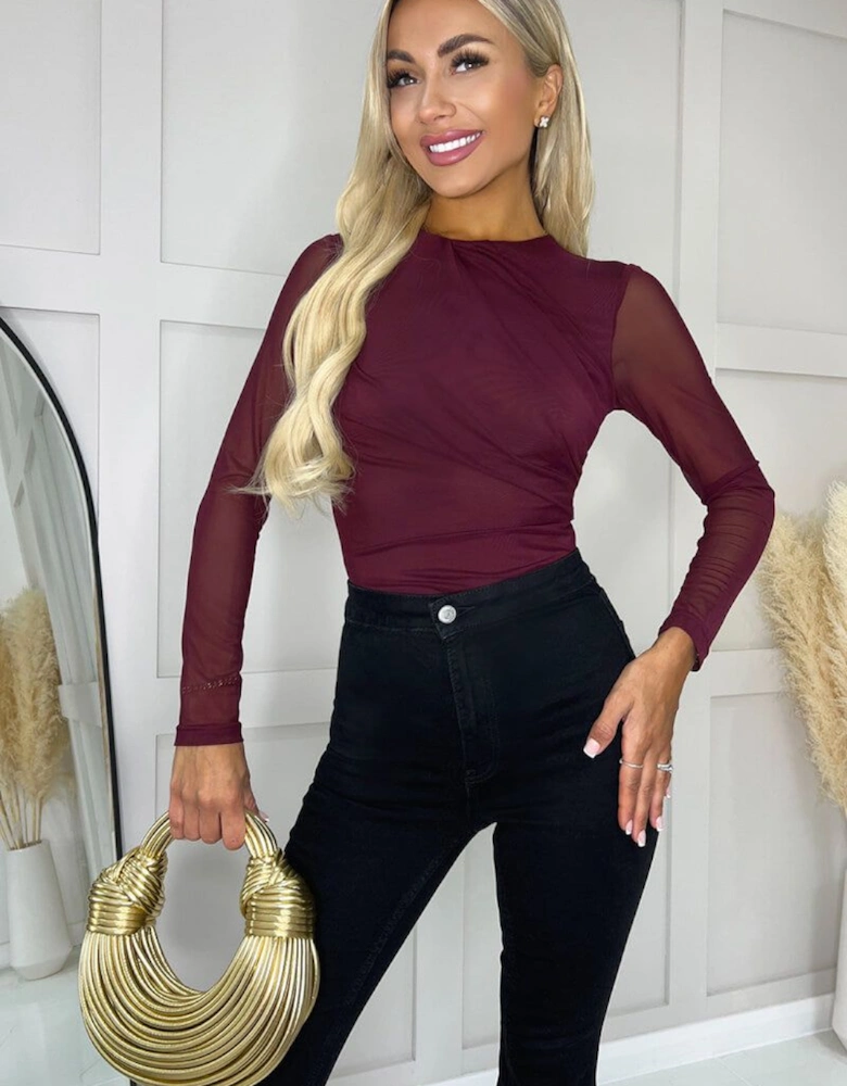 Plum Long Sleeve Pleat Detail Mesh Bodysuit
