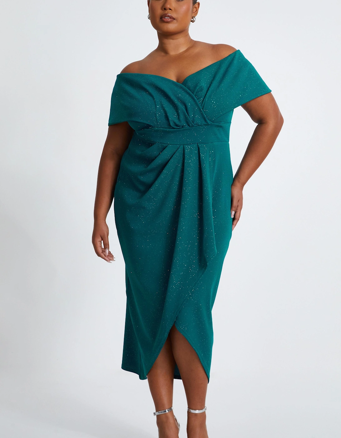 Green Curve Glitter Bardot Midi Dress, 2 of 1