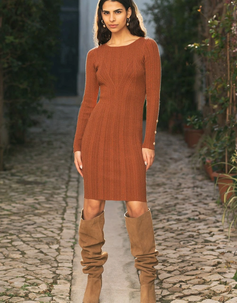 Brown Shimmer Fitted Midi Dress With Button