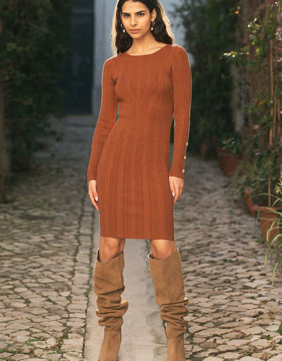 Brown Shimmer Fitted Midi Dress With Button, 2 of 1