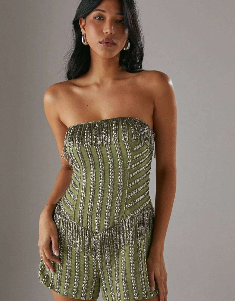 Hand Embellished Sequin Fringe Stud Bandeau Playsuit