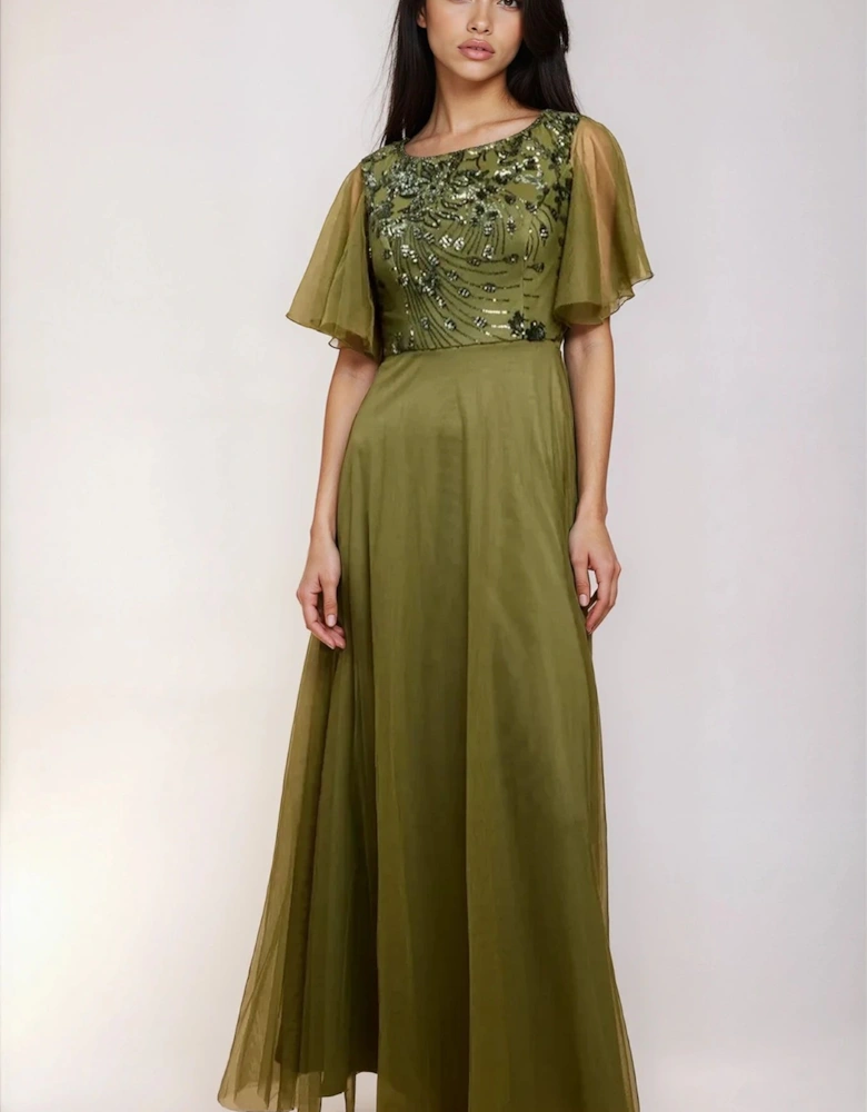 Khaki Green Angel Sleeve Sequin Maxi Dress