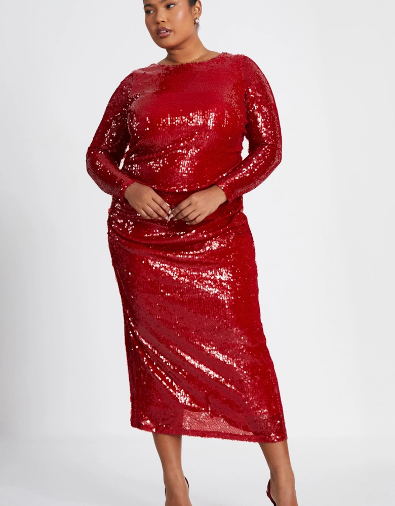 Red Curve Sequin Midaxi Dress