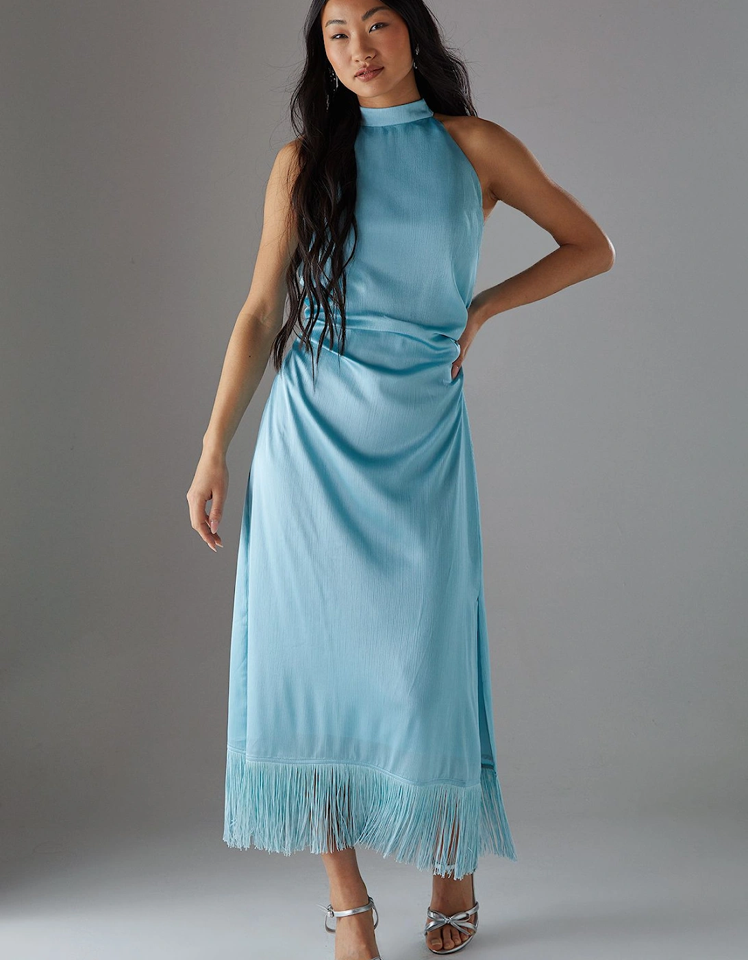 Petite Crinkle Satin Halter Fringe Midi Dress, 2 of 1