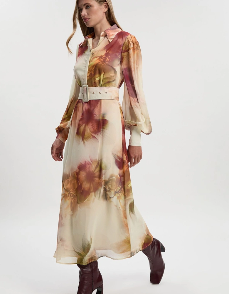 Floral Print Georgette Belted Woven Shirt Dress