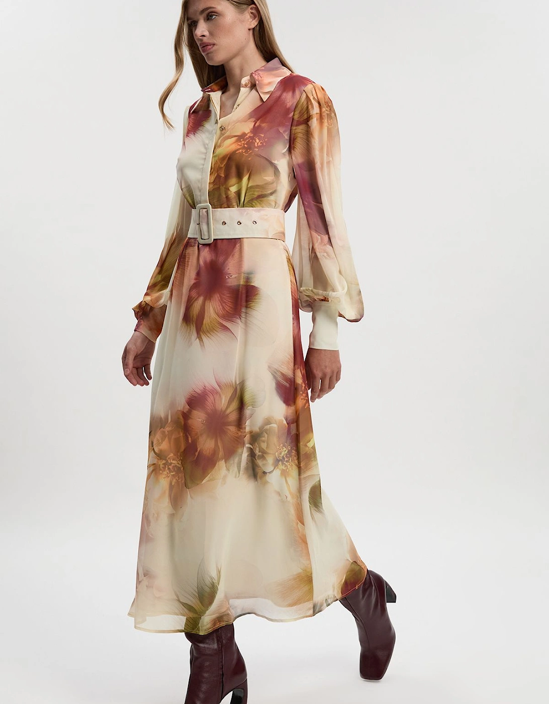 Floral Print Georgette Belted Woven Shirt Dress, 2 of 1