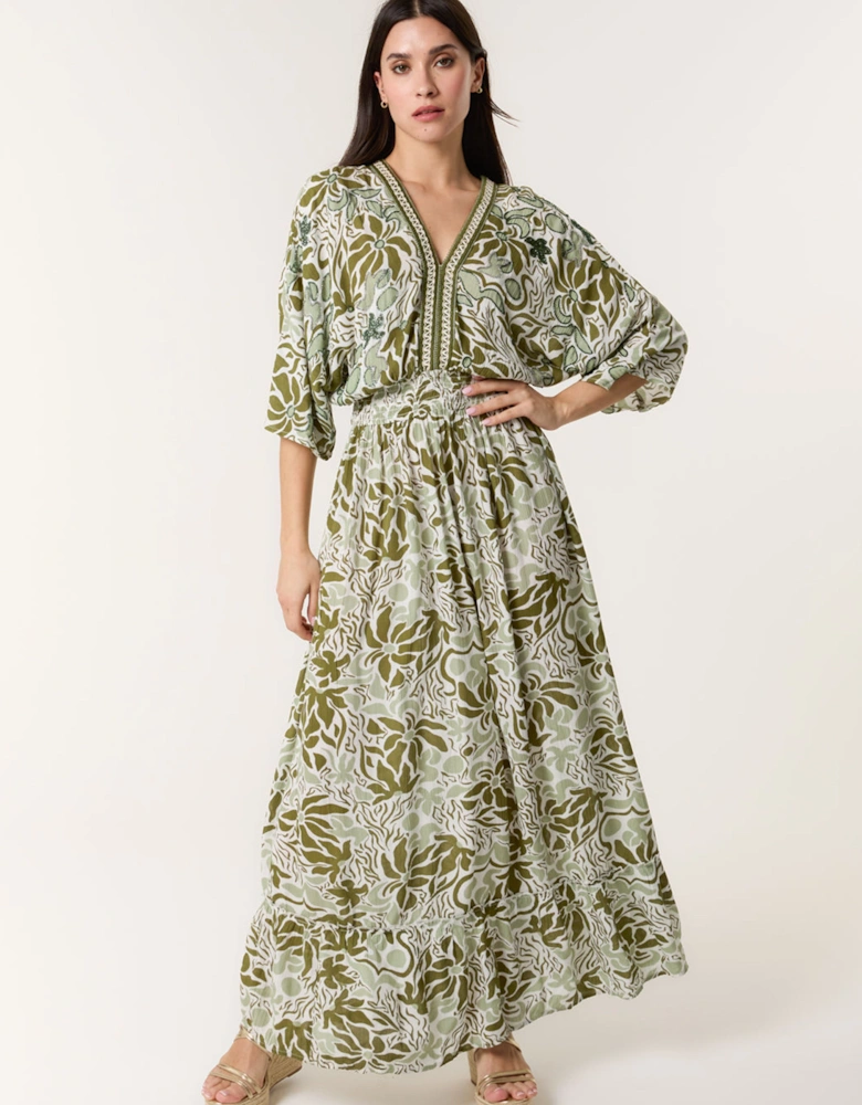 Khaki Embellished V Front & Back Maxi Dress