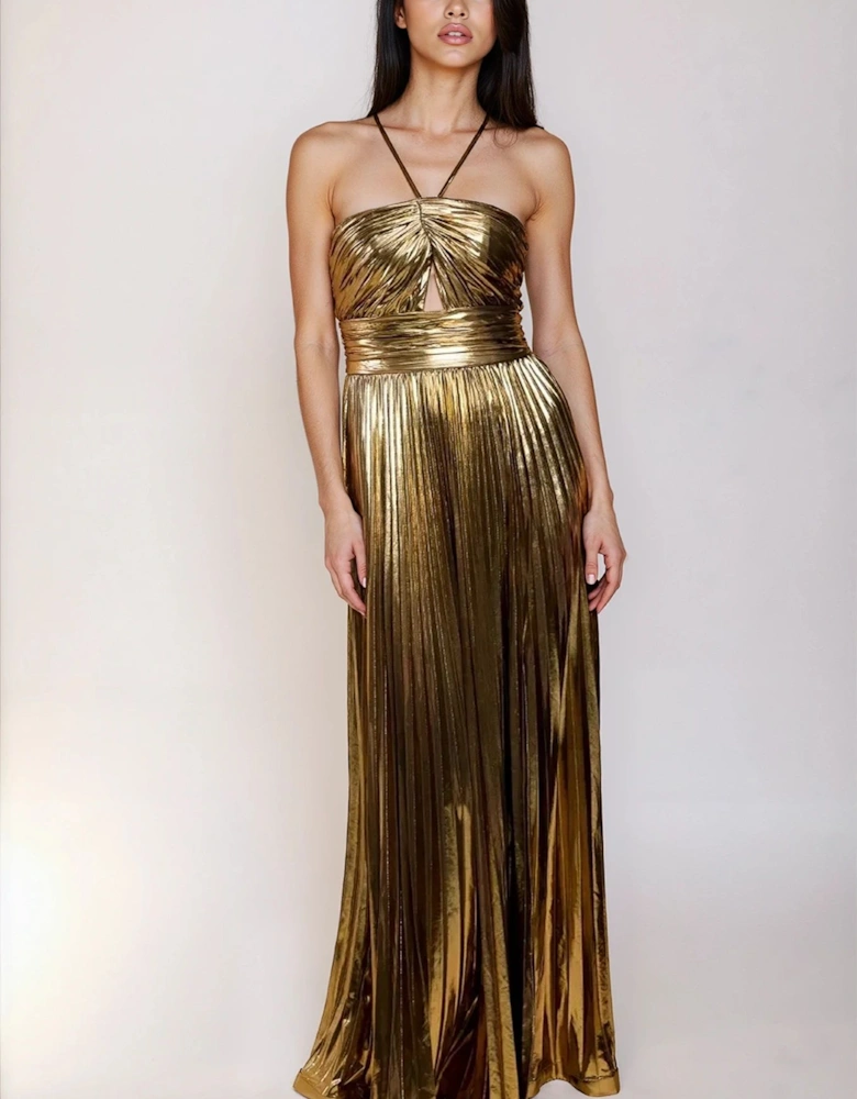 Gold Metalic Pleated Maxi Dress
