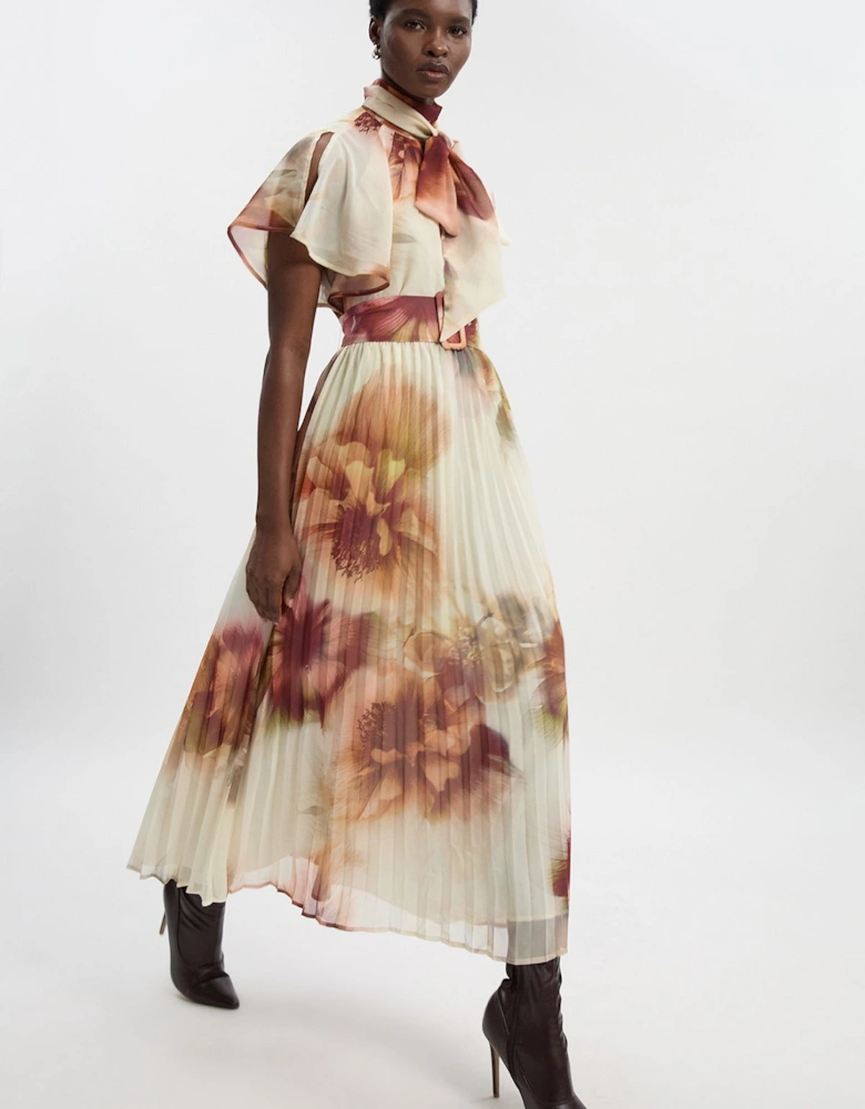 Floral Print Pussy Bow Tie Georgette Belted Woven Midi Dress