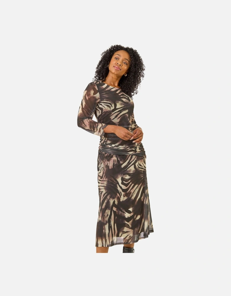 Petite Animal Print Mesh Ruched Midi Dress
