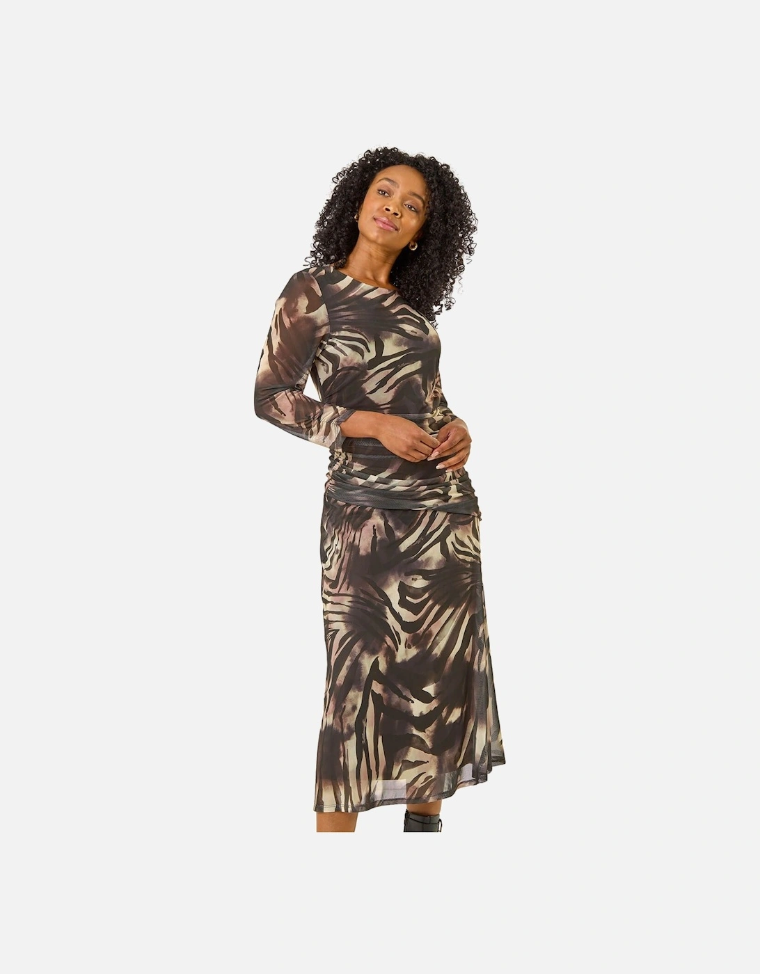 Petite Animal Print Mesh Ruched Midi Dress, 2 of 1