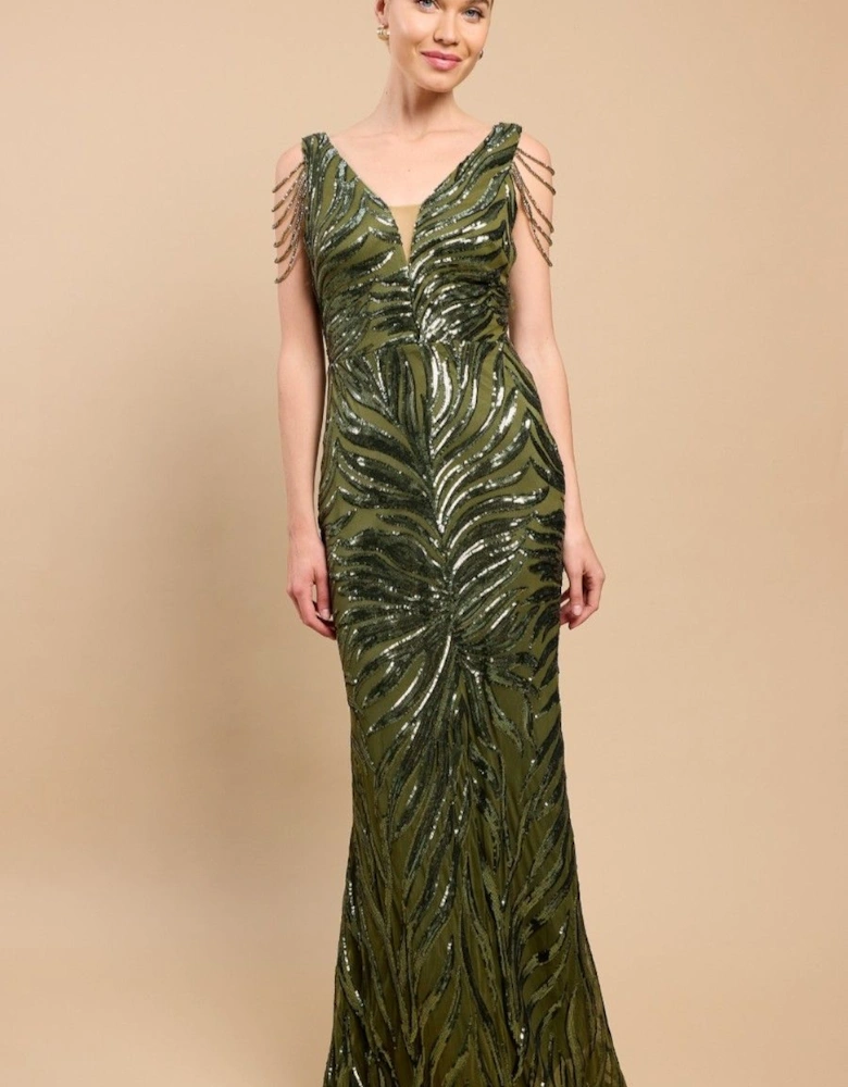 Khaki Sequin Fishtail Maxi Dress