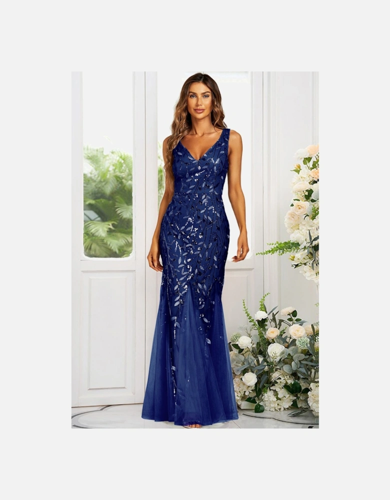 V Neck Sequin Leaf Embroidered Maxi Dress
