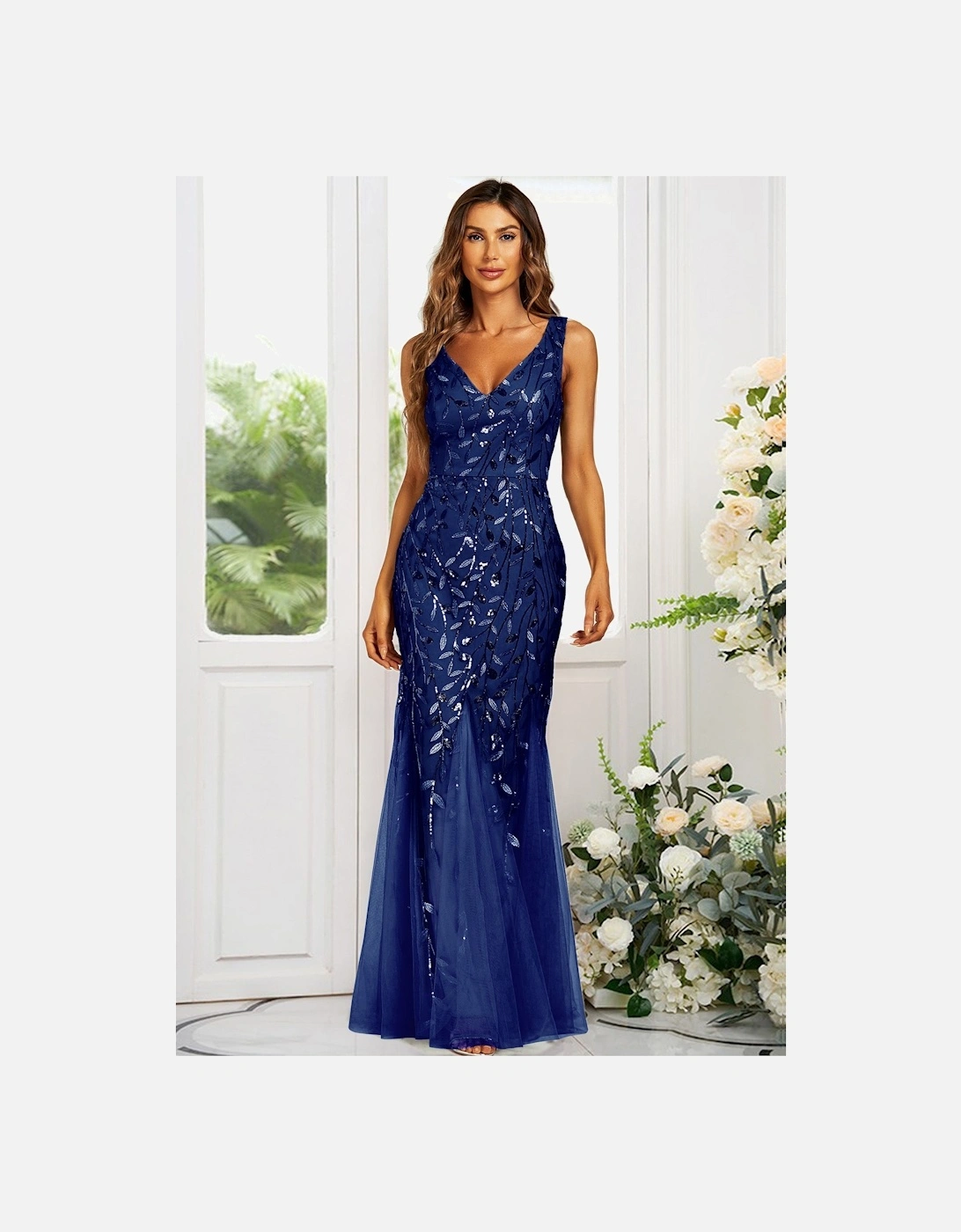 V Neck Sequin Leaf Embroidered Maxi Dress, 2 of 1