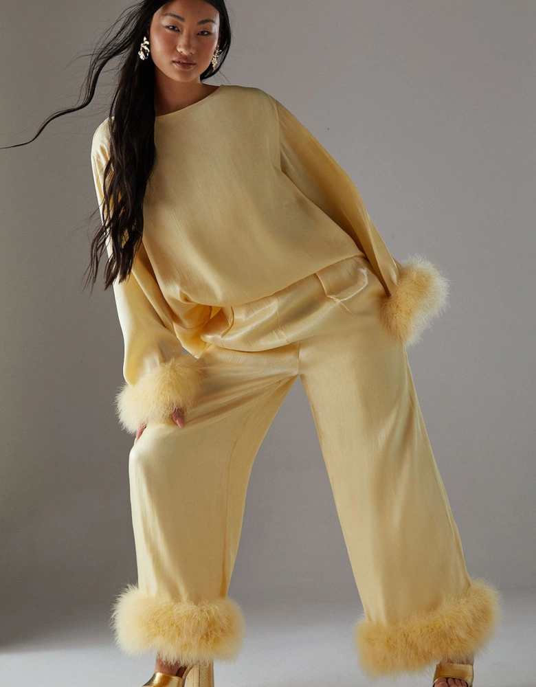 Petite Premium Iridescent Feather Cuff Wide Leg Trouser