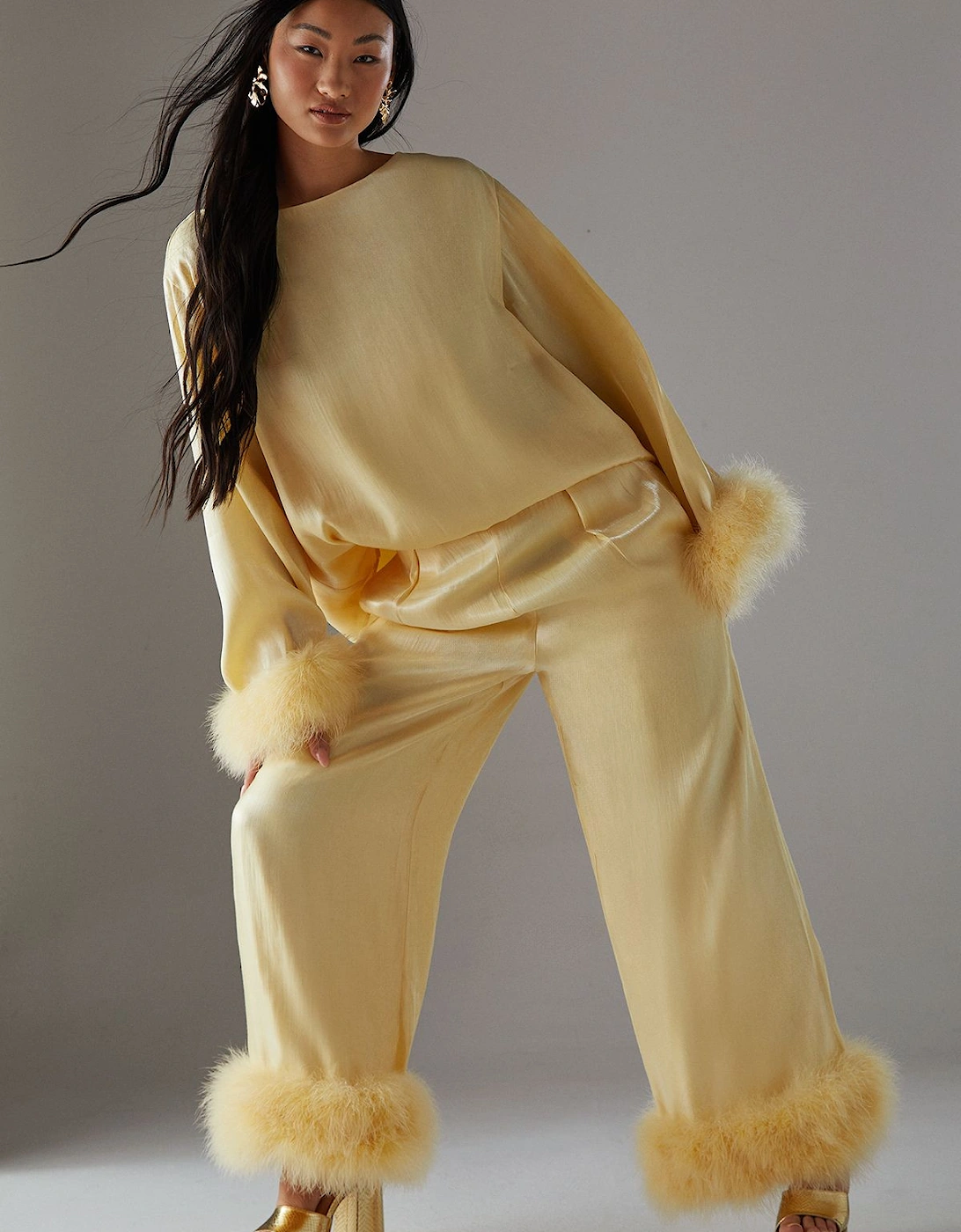 Petite Premium Iridescent Feather Cuff Wide Leg Trouser, 2 of 1