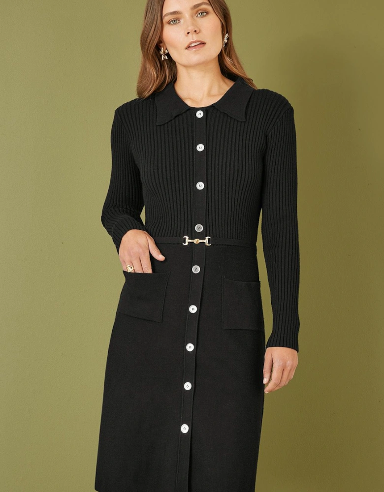 Black Rib Knit Midi Shirt Dress With Snaffle Belt