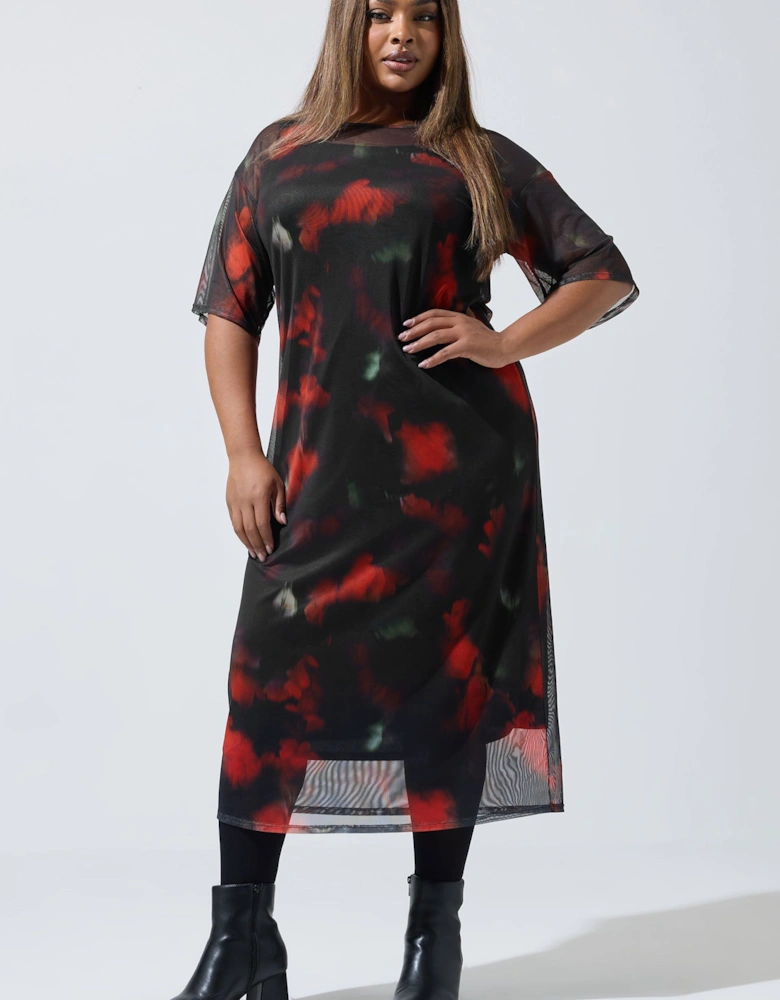 Blurred Floral Mesh Midaxi Dress
