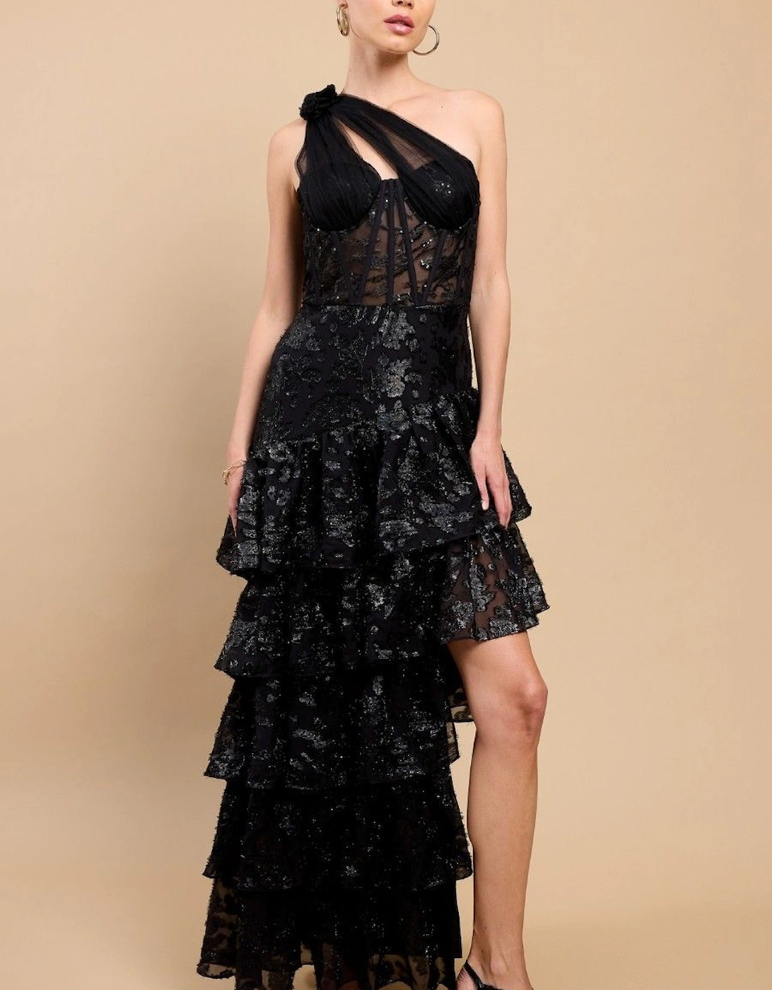 Black Tiered Ruffle One Shoulder Sequin Maxi Dress, 2 of 1